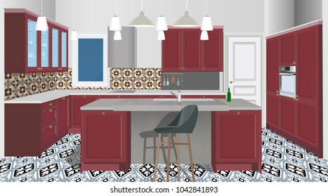 Burgundy kitchen interior background with furniture. Design of modern kitchen. Symbol furniture. Kitchen illustration