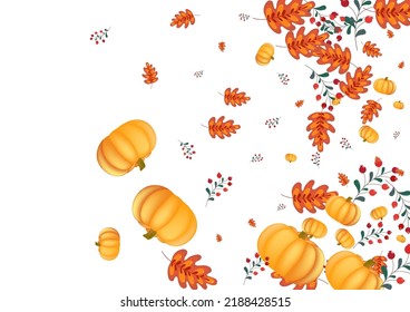 Burgundy Leaf Background White Vector. Pumpkin Botanical. Yellow Graphic Illustration. Collection Banner. Orange Vegetable Wallpaper Border.