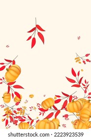 Burgundy Leaves Background Beige Vector. Vegetable Maple. Yellow October Template. Fall Illustration. Green Rowan Invitation Set.