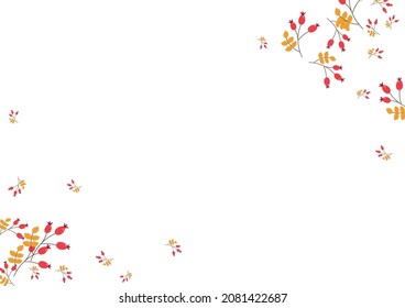 Burgundy Leaves Background White Vector. Foliage Dry Card. Pink Berries Paper. Dead Frame. Leaf Fly.