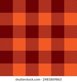 Textura a cuadros de búfalo naranja borgoña. Patrón sin fisuras de leñador a cuadros. Fondo de tela geométrica para camisa de franela, manta de picnic, servilleta de cocina, abrigo de tweed. Ilustración plana de Vector.