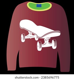 The burgundy outfit in front of the background and the white skateboard pattern in front of it