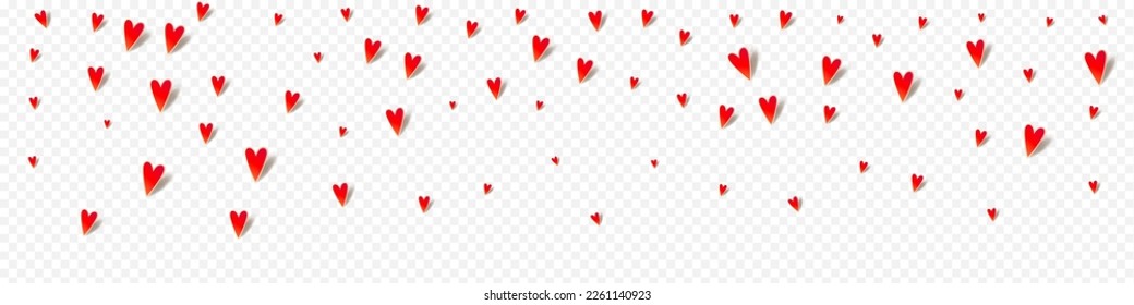 Burgundy Papercut Vector Panoramic Transparent Backgound. Paper Confetti Wallpaper. Pink Birthday Hearts Border.