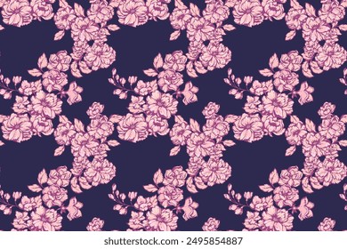 Burgunder-Muster mit abstrakten künstlerischen Blumen Stems in vielen Arten von blühenden Wildblumen verwoben in einem nahtlosen Druck auf einem dunklen Hintergrund. Vektorgrafik Handzeichnung Illustration. auslegen 