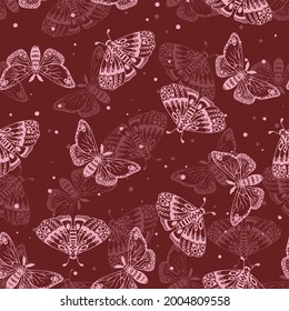 Burgundy pattern of beautiful butterflies. Insects seamless pattern. Vector illustration