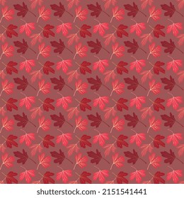 Burgundy and pink autumn leaves of golden currant on a soft brown background in the color of cocoa with milk in vector. Seamless print for fabric.