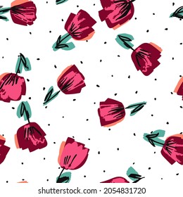 Burgundy and Pink Blossom Drawn Vector Seamless Pattern. Tulip Floral Wallpaper. Wedding Felt pen Design. Flower Spring Paper Texture.