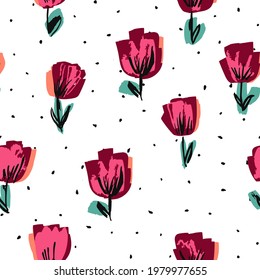 Burgundy and Pink Flower Drawing Vector Seamless Pattern. Lotus Romantic Paper Texture. Garden Felt pen Template. Blossom Pretty Wallpaper.