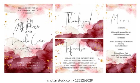 Burgundy, Pink And Gold Wedding Set With  Hand Drawn Watercolor Background. Includes Invintation, Menu, Information And Thank You Cards Templates. Vector Set