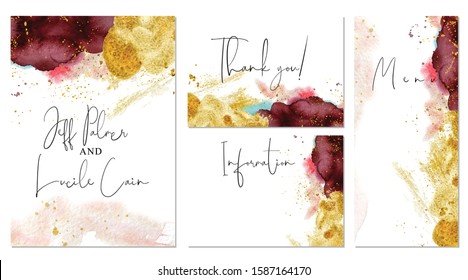 Burgundy, pink and gold wedding set with  hand drawn watercolor background. Includes Invintation, information, menu and thank you cards templates. Vector set