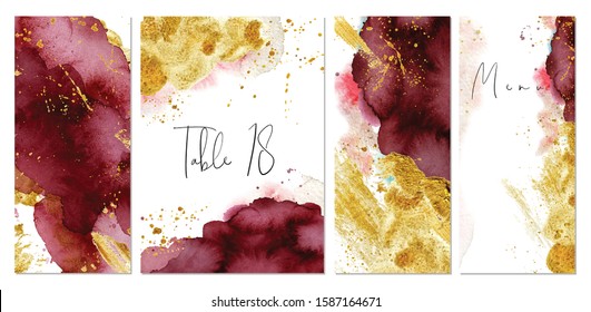 Burgundy, pink and gold wedding set with  hand drawn watercolor background. Includes menu and table number templates. Vector set