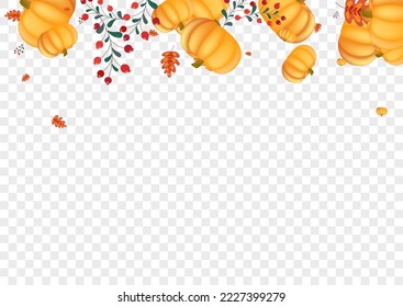 Burgundy Plant Background Transparent Vector. Gold Decoration Set. Green Rowan Cute Template. Pumpkin Graphic. Halloween Frame.