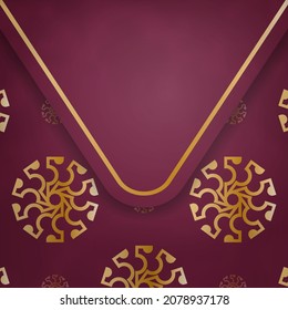 Burgundy postcard with gold mandala pattern prepared for typography.