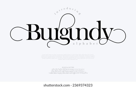 Burgundy premium luxury elegant alphabet letters and numbers. Elegant wedding typography classic serif font decorative vintage retro. Creative vector illustration