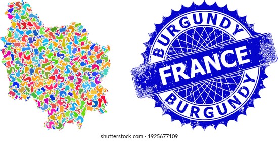Burgundy Province map vector image. Splash mosaic and grunge stamp seal for Burgundy Province map. Sharp rosette blue stamp with text for Burgundy Province map.