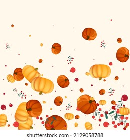Burgundy Pumpkin Background Beige Vector. Leaves Decorative. Green Floral Illustration. Oak Border. Yellow Leaf Cozy Texture.