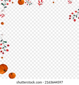 Burgundy Pumpkin Background Transparent Vector. Green Pattern Set. Red Gourd Thanksgiving Border. Rowan Drawing. September Frame.