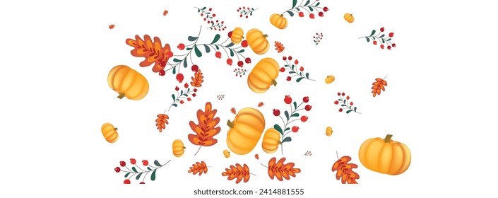 Burgundy Pumpkin Background White Vector. Leaves Abstract. Orange November Template. Farm Illustration. Green Rowan September Banner.