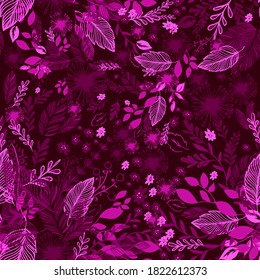 Burgundy purple floral background with butterflies. Beautiful background print for fabric. Vector illustration