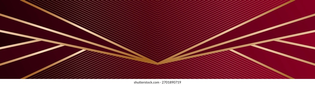 Burgundy red abstract background with triangular frames and gold lines, modern geometric pattern, angles. Envelope shape	