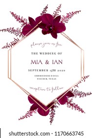 Burgundy red astilbe, marsala colored dark exotic orchid vector design fall frame. Pink gold polygonal line art with shimmer. Geometric card. Autumn chic wedding invitation. Isolated and editable.