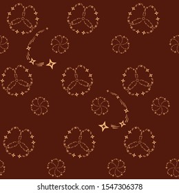 Burgundy, red background with a yellow pattern of lines and stars for textile or design for an invitation or paper cover