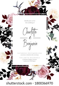 Burgundy red and dusty pink flowers glamour vector design frame. Dusty rose, ivory peony, burgundy dahlia, ranunculus, berry, black leaf. Floral dark luxury style. Elements are isolated and editable