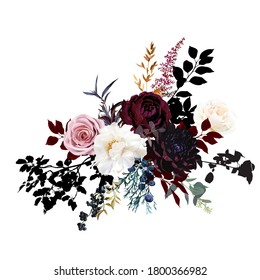 Burgundy red and dusty pink flowers glamour vector design bouquet. Dusty rose, ivory peony, burgundy dahlia, ranunculus, berry, black leaf. Floral dark luxury style. Elements are isolated and editable