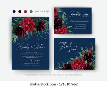 Burgundy red and greenery floral wedding vector set. Invite, rsvp, thank you card. Elegant red garden rose flower, wine dahlias green eucalyptus leaves, herbs wreath decoration on navy blue background