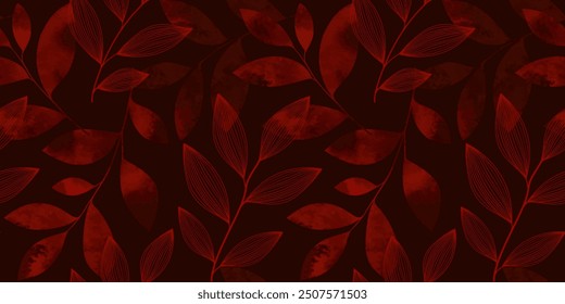 Burgundy red line art abstract background with linear and watercolor leaves. luxury vintage seamless pattern. Elegant floral design. Can be used for wrapping, textile, print, banner, brochure, label