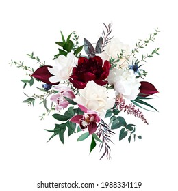 Burgundy red peony and anthurium, cream white magnolia, pink orchid, peony flowers, thistle, greenery, agonis big vector design wedding bouquet. Floral watercolor. Elements are isolated and editable