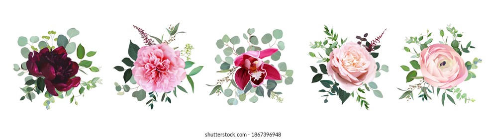Burgundy red peony, dusty pink rose, orchid, blush ranunculus flowers vector design wedding bouquets. Eucalyptus, greenery. Floral pastel watercolor style. Blooming spring floral card. Isolated 