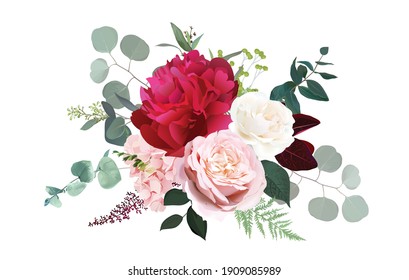 Burgundy red peony, dusty pink and ivory rose, blush hydrangea flowers