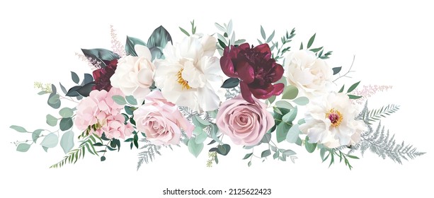 Burgundy red peony, white magnolia, dusty pink rose and hydrangea, astilbe flower, eucalyptus, greenery vector design horizontal bouquet. Floral wedding watercolor. Elements are isolated and editable