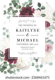 Burgundy red peony, white pale rose, magnolia, blush pink flowers vector design invitation frame. Chic wedding greenery. Green, beige, mint, white tone. Watercolor wedding card. Isolated and editable