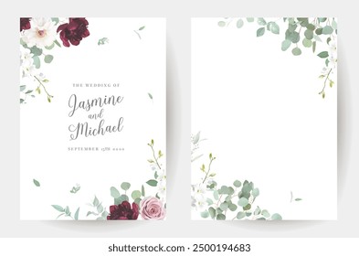 Burgundy red peony, white pale rose, magnolia, blush pink flowers vector design invitation frames. Chic wedding greenery. Green, beige, mint, white tone. Watercolor wedding cards.Isolated and editable