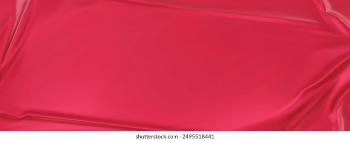 Burgundy red silk satin luxury background. Red elegant background with space for design. Draped fabric Flat lay, Template, cover, header, Wide banner. panoramic view. 3D vector illustration.