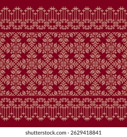 Burgundy red traditional Thai fabric pattern with symmetrical floral and line decorations. Vintage ethnic textile design ideal for cultural and decorative use.