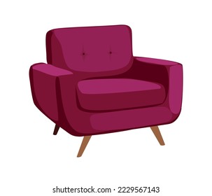 Burgundy red vintage mid century modern accent arm chair vector realistic illustration isolated on white background.