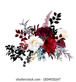 Burgundy red and white flowers glamour vector design bouquet. Ivory rose, peony, cymbidium orchid, ranunculus, berry, black leaf, anthurium. Floral dark luxury style Elements are isolated and editable