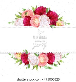 Burgundy red and white peonies, pink ranunculus, rose vector design frame. Natural card with dotted backdrop. Delicate floral background. All elements are isolated and editable.