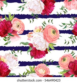 Burgundy red and white peonies, ranunculus, rose seamless vector pattern. Navy striped elegant print with luxury bright flowers.
