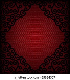 burgundy  reticulated  background with frame of black curls