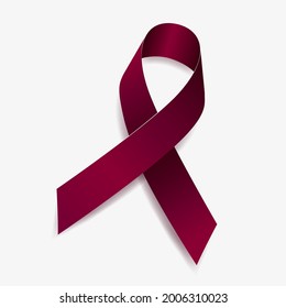 Burgundy ribbon awareness Disabled Adults, Cystic Hygroma, Brain Aneurysm, Hemangioma, Multiple Myeloma. Isolated on white background. Vector  illustration.