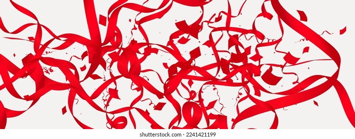 Burgund Ribbon Falling Vektor Panorama grauer Hintergrund. Karneval-Serpentine-Vorlage. Star Festivals Einladung. Ruby Celebrate Plant.