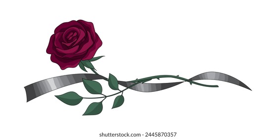 A burgundy rose with a black mourning ribbon. Funeral. Vector illustration in a flat style for a funeral home. Funeral services.