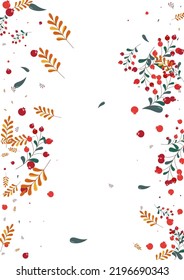 Burgundy Rowan Background White Vector. Berries Elm Template. Green Foliage Floral. Border Design. Leaf Decoration.