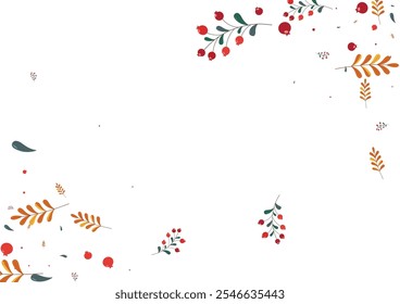 Burgundy Rowan Background White Vector. Berries Collection Template. Green Leaves Modern. Season Texture. Leaf Floral.