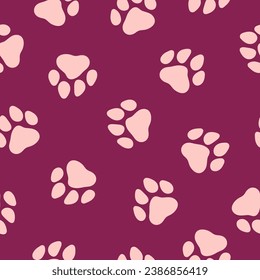 Burgundy seamless pattern with pink big paws