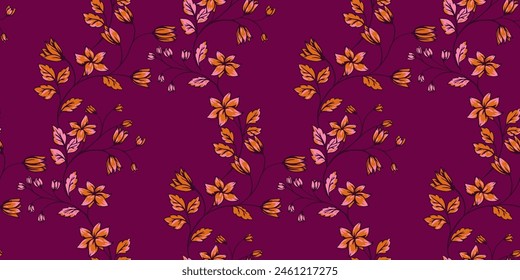 Burgundy seamless pattern with wild floral stems. Abstract artistic branches with tiny ditsy flowers, bells, leaves intertwined in printing. Vector hand drawn. Template for design, fabric, fashion